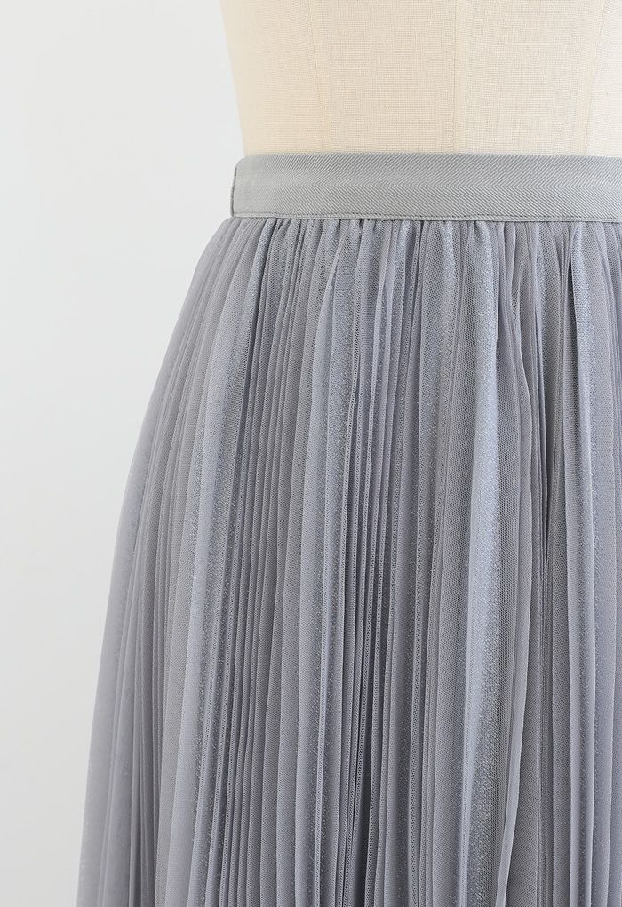 Glittering Mesh Pleated Midi Skirt in Dusty Blue - Retro, Indie and ...