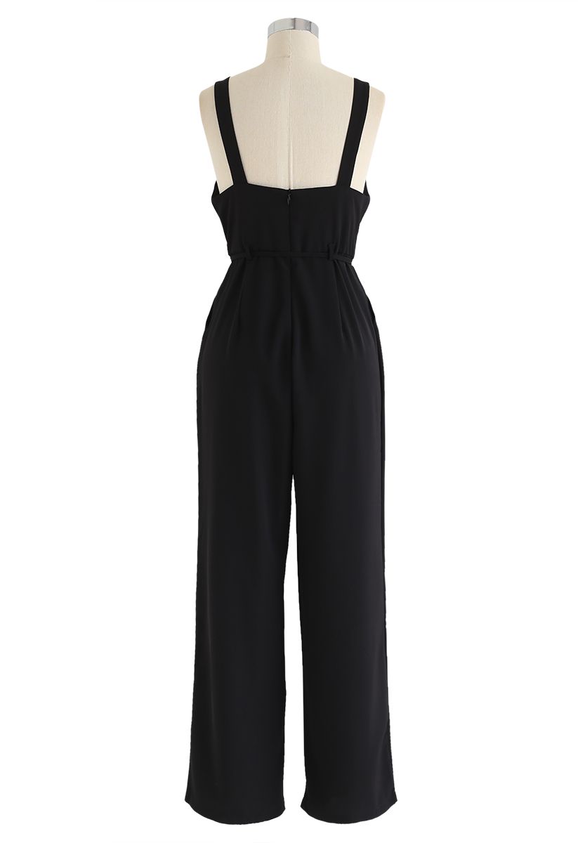 Belted Pockets Wide-Leg Cami Jumpsuit in Black - Retro, Indie and ...