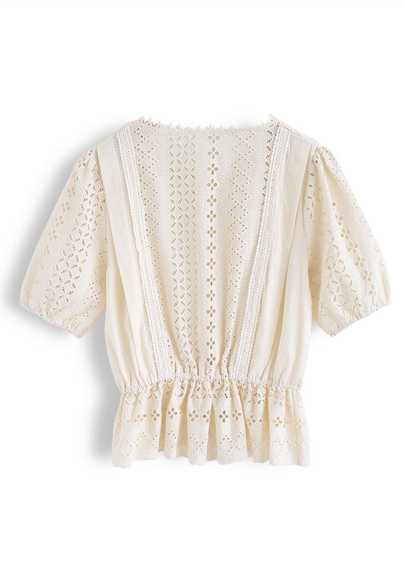 Eyelet Embroidery Crochet Peplum Top in Cream - Retro, Indie and Unique ...