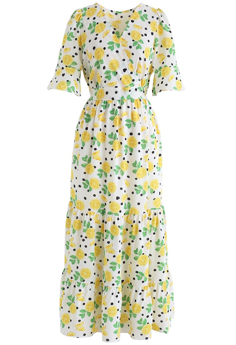 Lemon Print Frilling Wrapped Dress - Retro, Indie and Unique Fashion