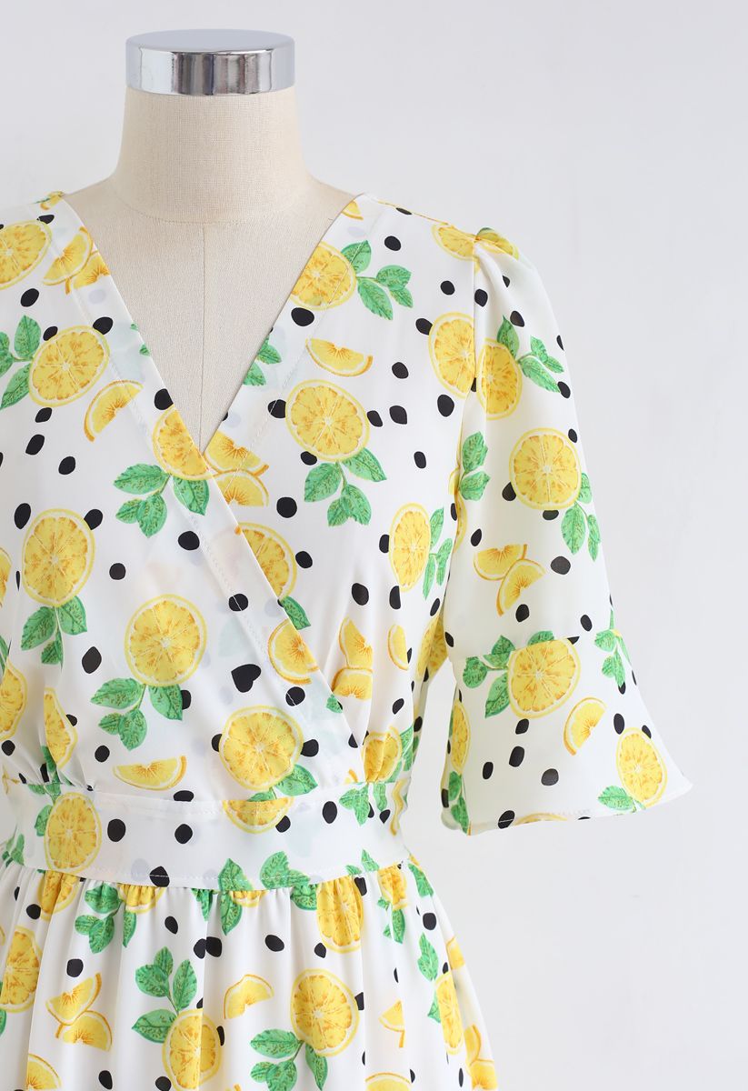 Lemon Print Frilling Wrapped Dress