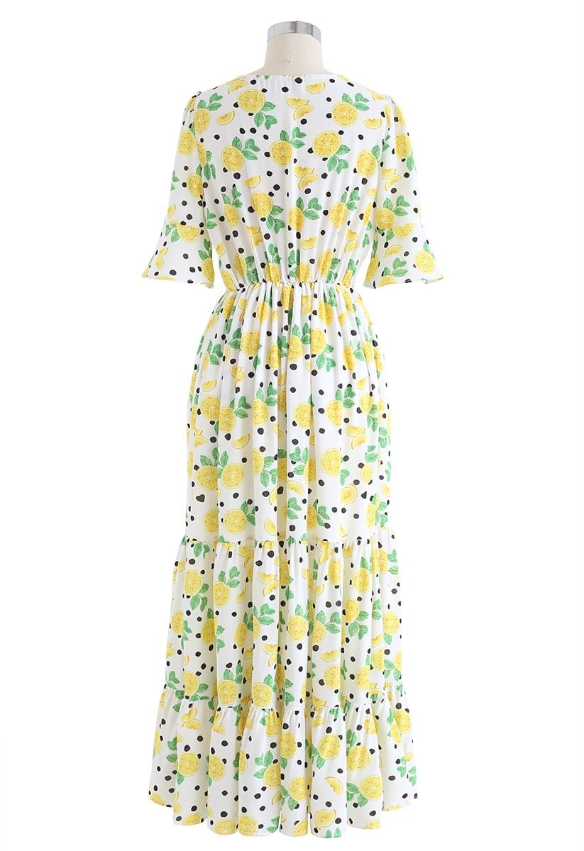 Lemon Print Frilling Wrapped Dress