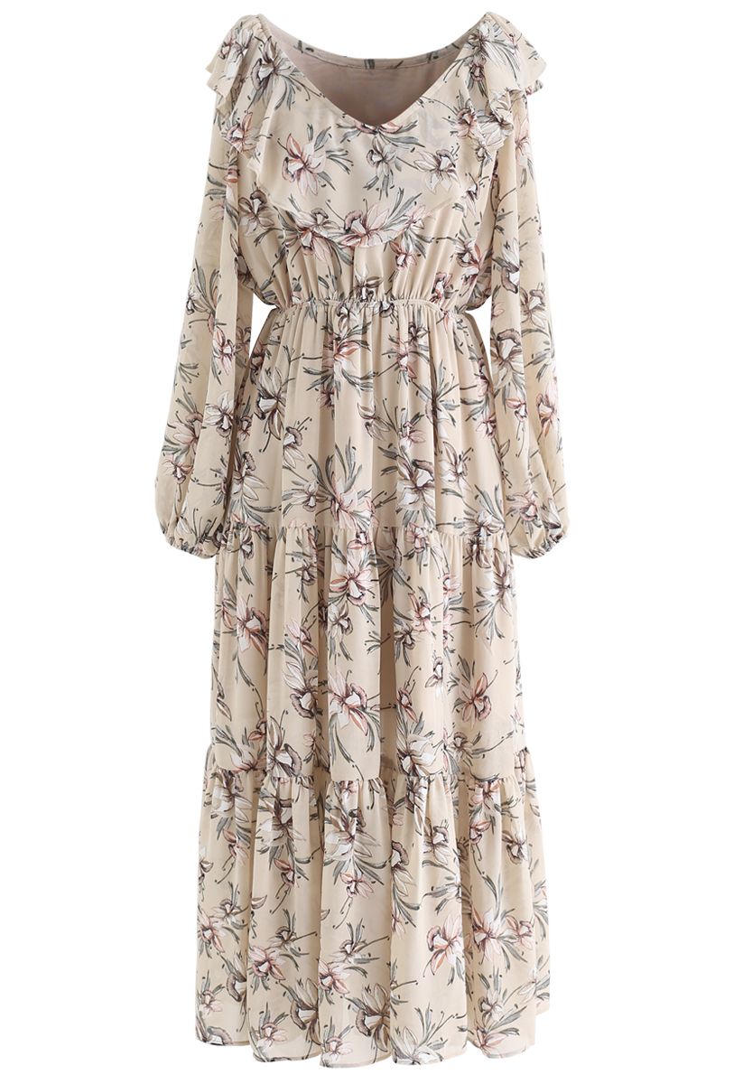 V-Neck Floral Print Frilling Chiffon Dress