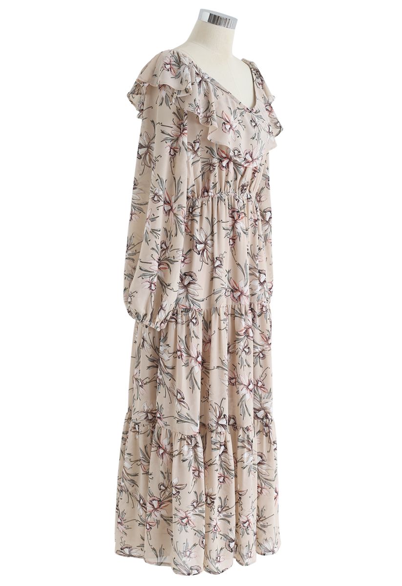 V-Neck Floral Print Frilling Chiffon Dress