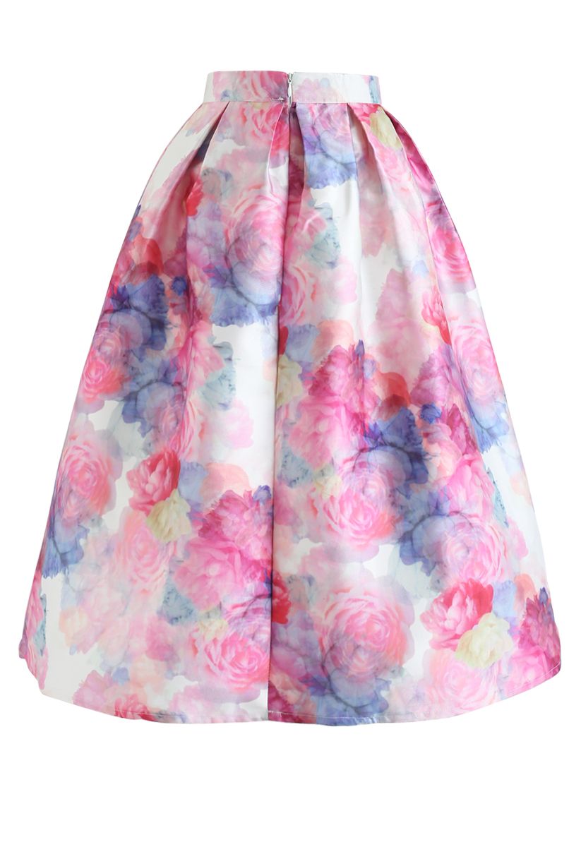 Bright Rose Print Pleated Midi Skirt - Retro, Indie and Unique Fashion