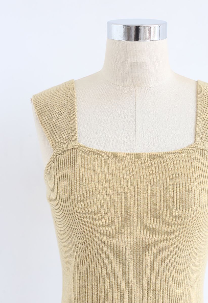 Square Neck Ribbed Knit Tank Top in Sand - Retro, Indie and Unique Fashion