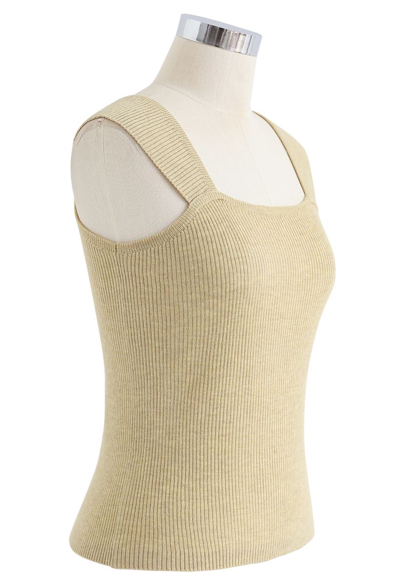 Square Neck Ribbed Knit Tank Top in Sand