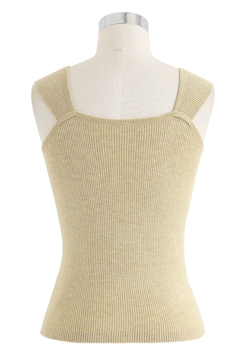 Square Neck Ribbed Knit Tank Top in Sand