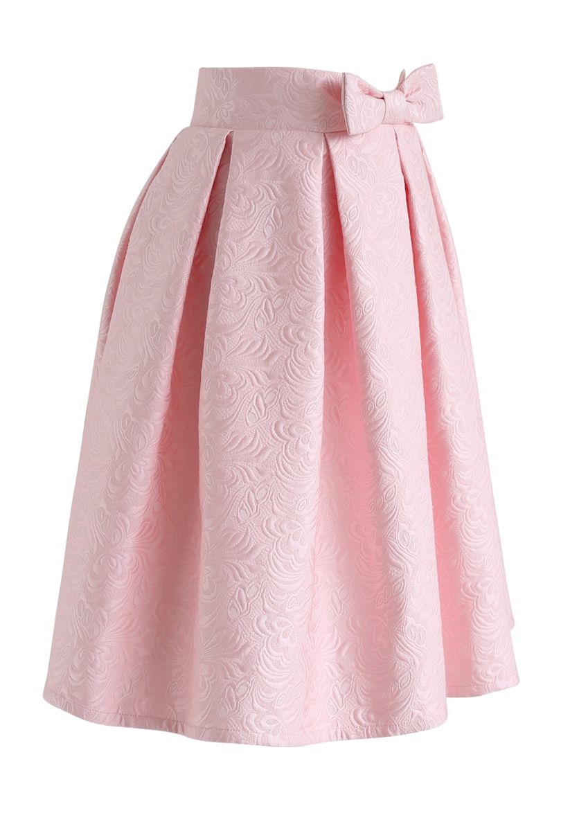 Bowknot Pleated Jacquard Midi Skirt in Pink - Retro, Indie and Unique ...