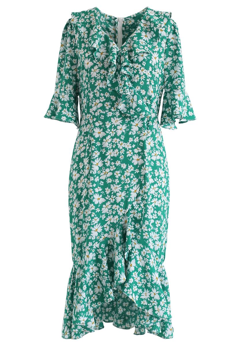 Dainty Floret Print Asymmetric Frilling Dress in Green - Retro, Indie ...