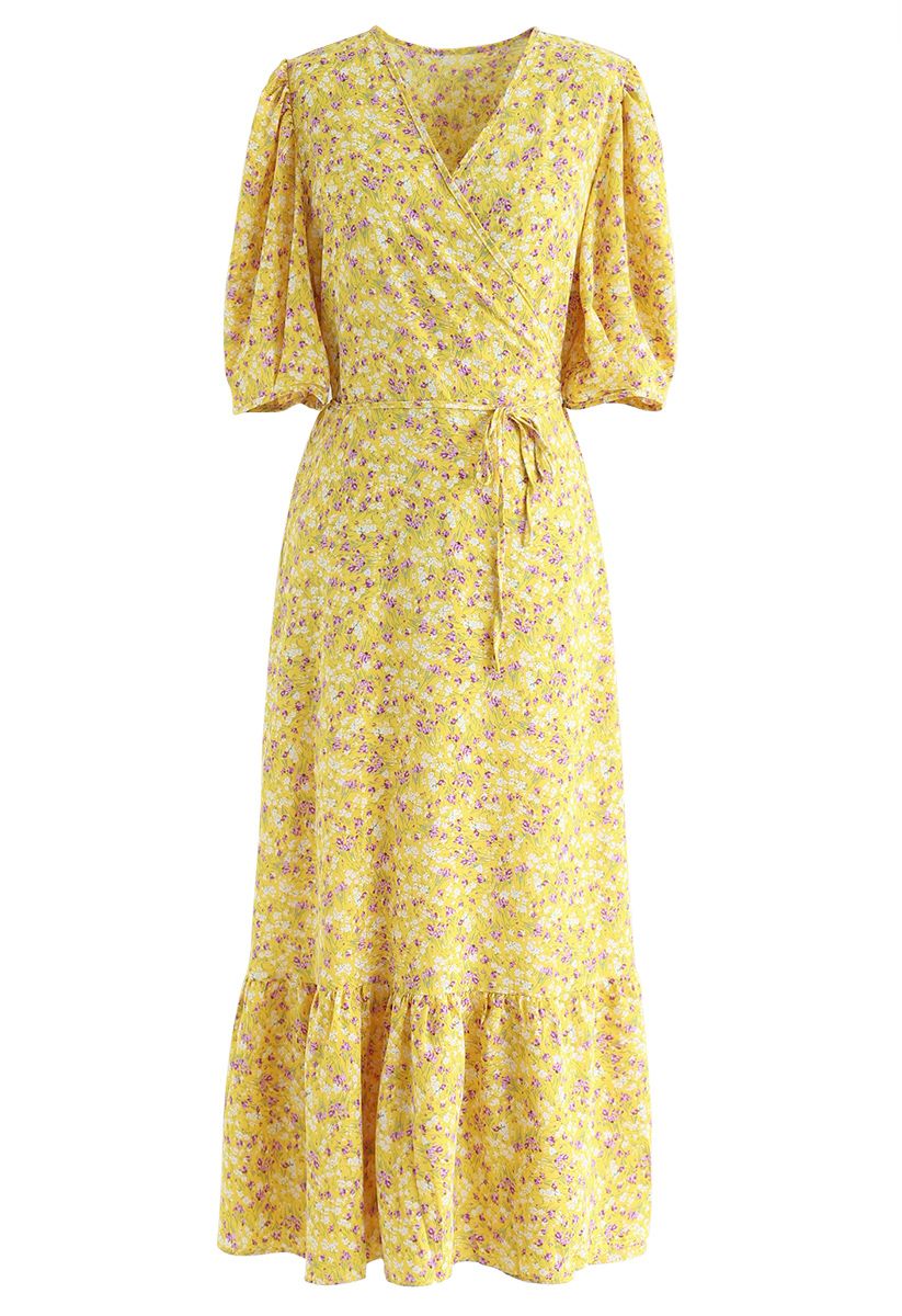 Allured Floret Wrapped Dress in Mustard - Retro, Indie and Unique Fashion