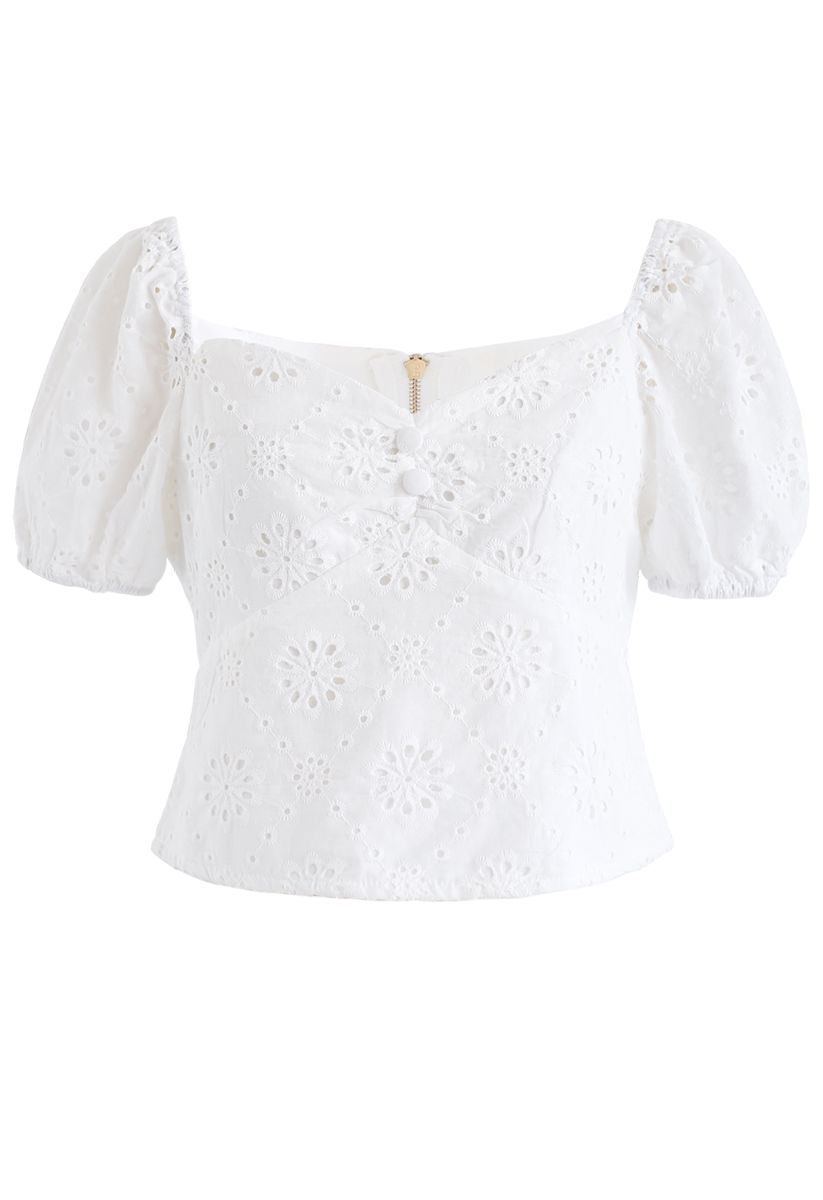 Broderie Sweetheart Neck Zipper Crop Top - Retro, Indie and Unique Fashion