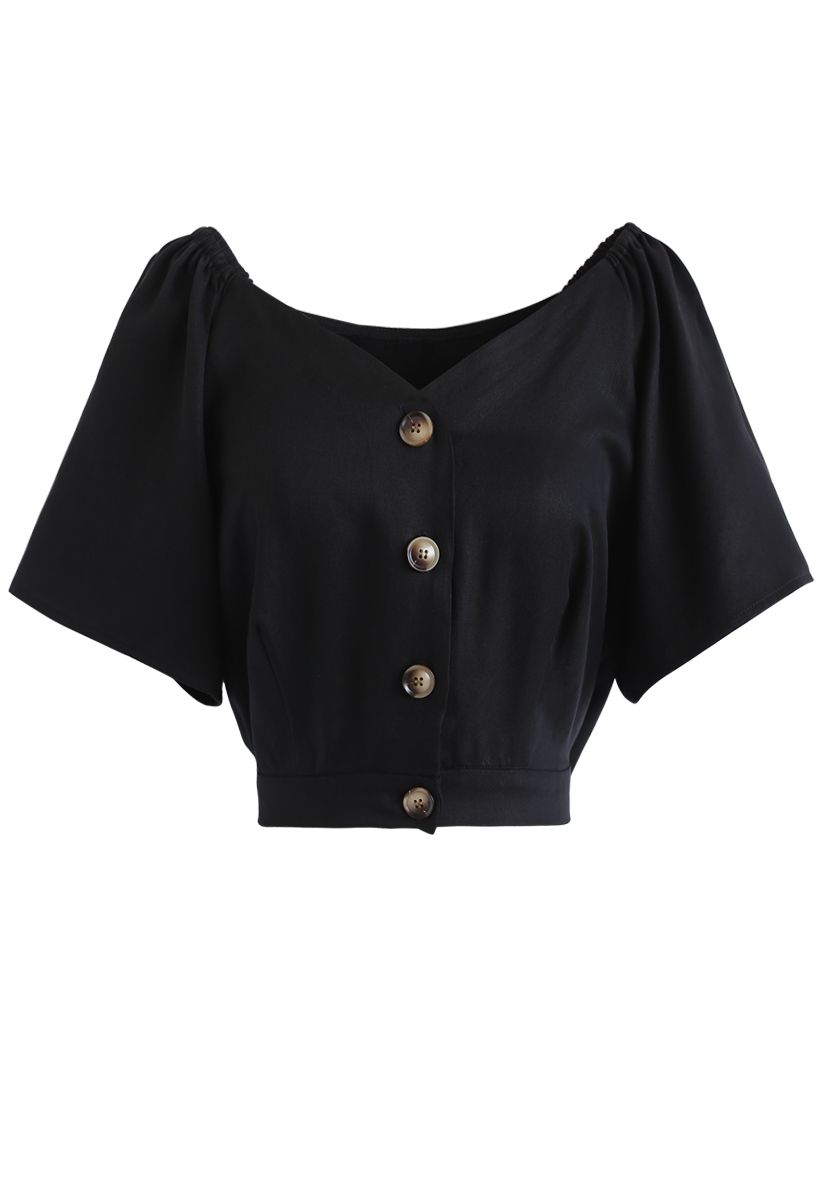 Horn Button Sweetheart Neck Bowknot Crop Top in Black - Retro, Indie ...