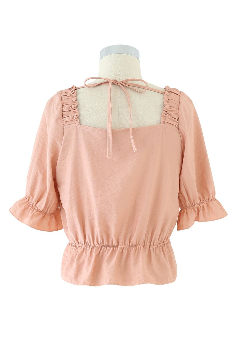Button Embellished Square Neck Crop Top in Coral - Retro, Indie and ...