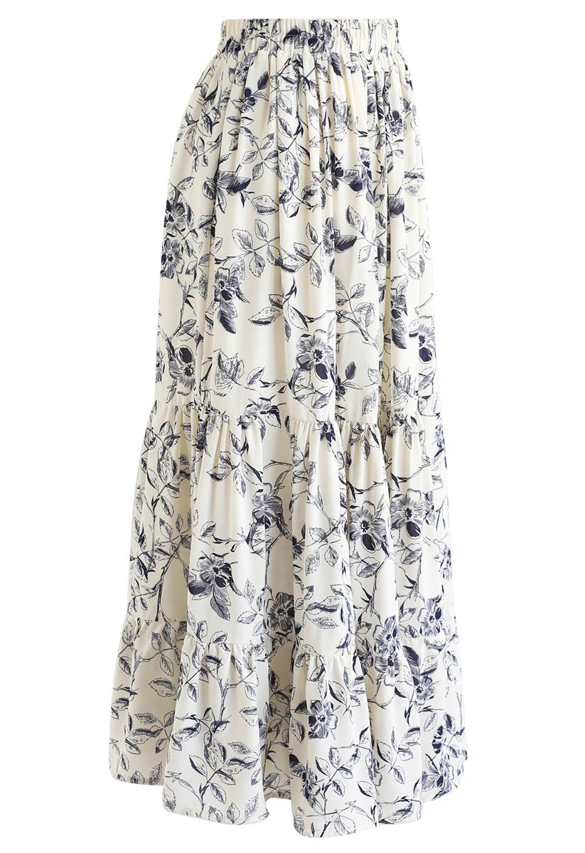 Navy Floral Frilling Hem Maxi Skirt - Retro, Indie and Unique Fashion