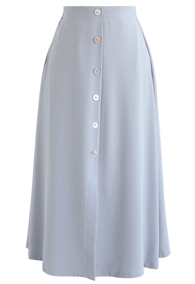 Split Shell Button Trim Midi Skirt in Dusty Blue