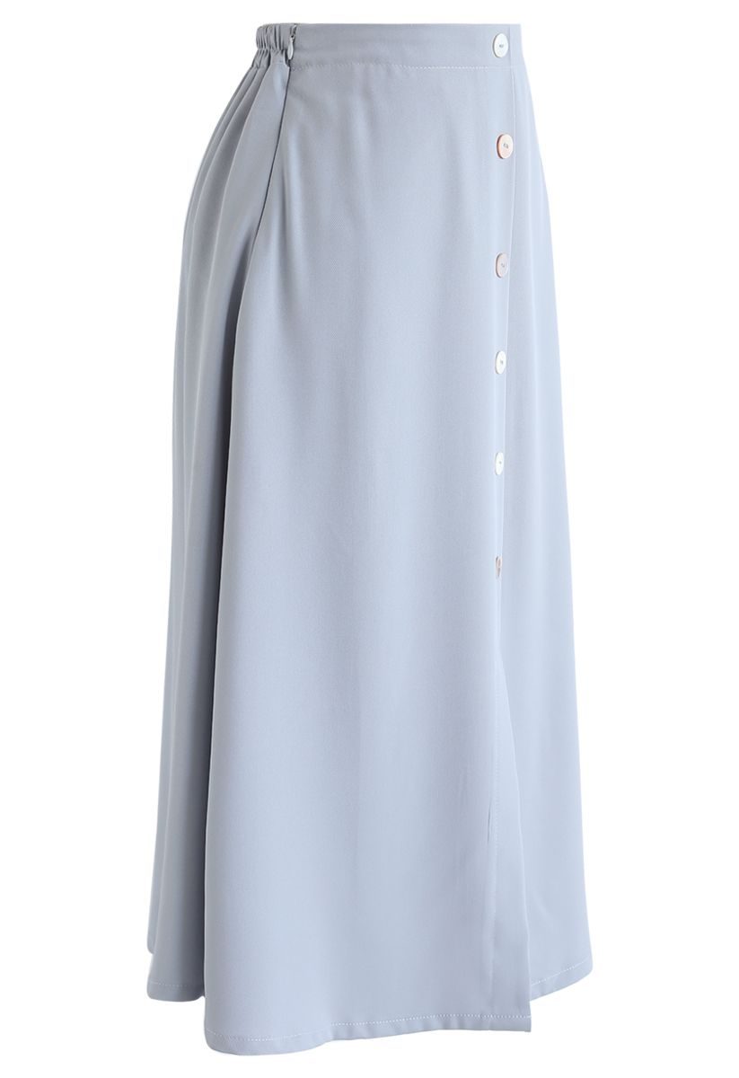 Split Shell Button Trim Midi Skirt in Dusty Blue