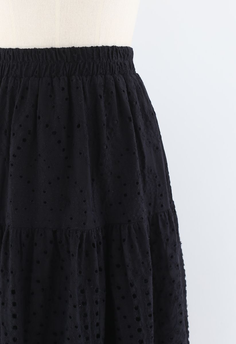 Frill Hem Broderie Cotton Midi Skirt in Black - Retro, Indie and Unique ...