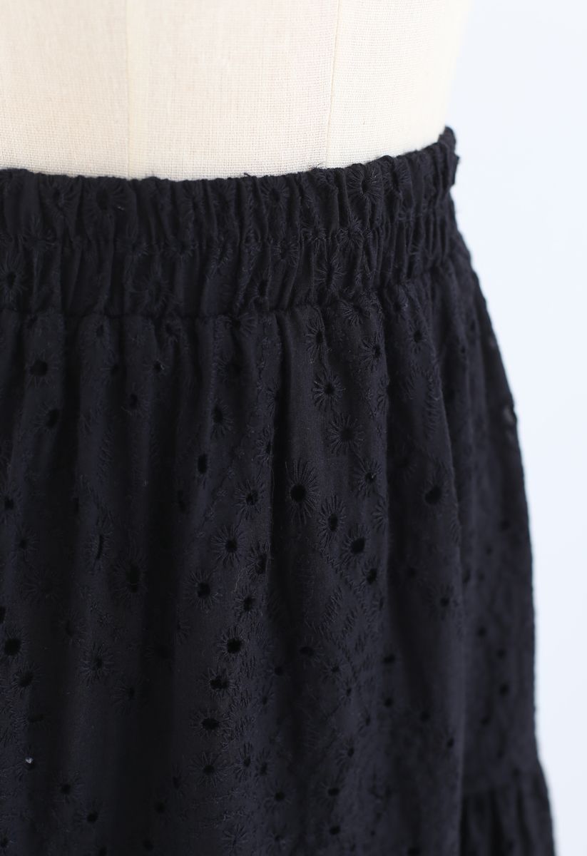 Frill Hem Broderie Cotton Midi Skirt in Black - Retro, Indie and Unique ...