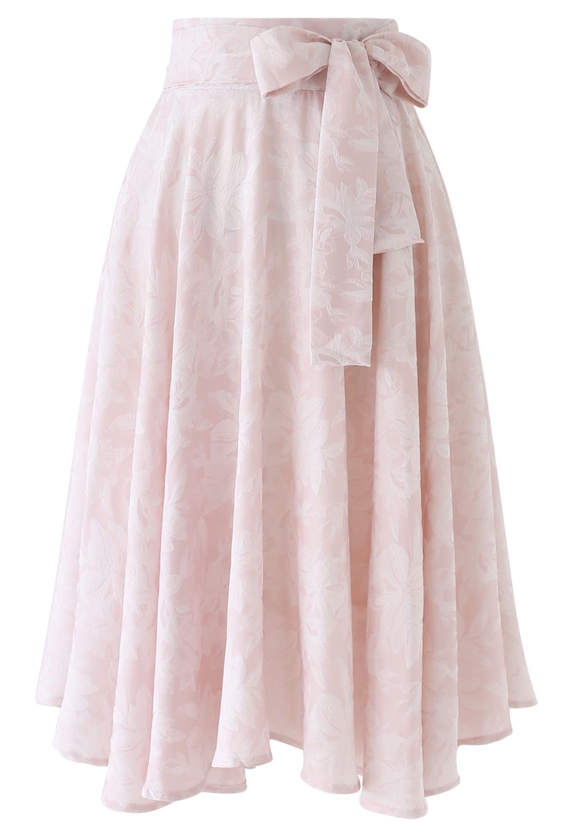 Sassy Leaves Jacquard Bowknot Waist Midi Skirt in Light Pink - Retro ...