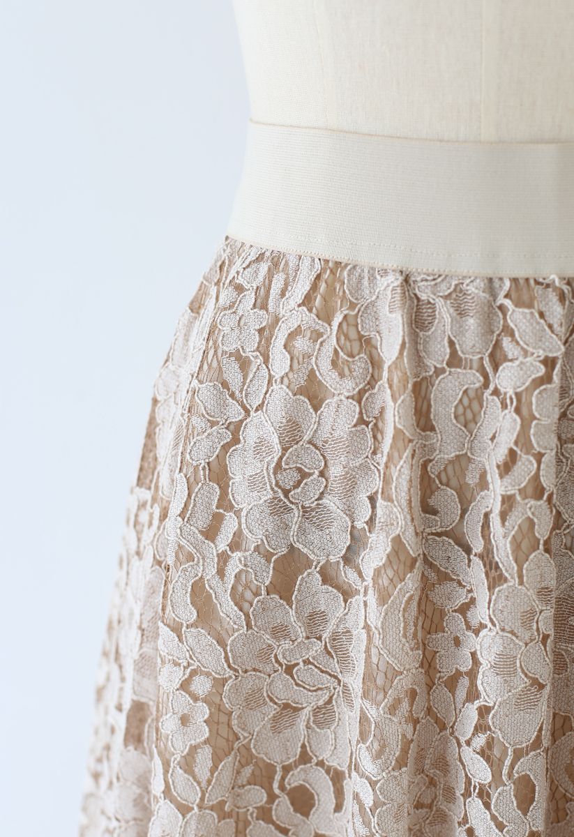 Full Floral Lace Midi Skirt in Light Tan - Retro, Indie and Unique Fashion