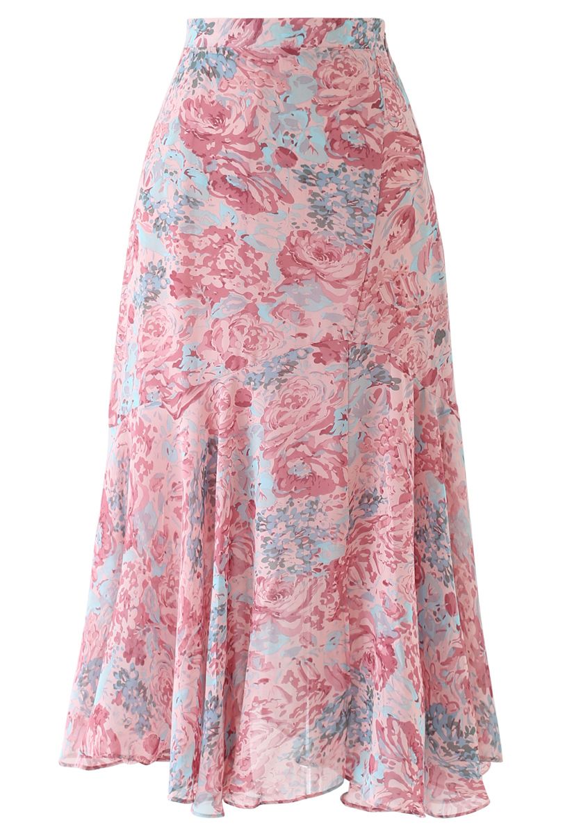 Abstract Rose Print Frilling Chiffon Midi Skirt in Pink - Retro, Indie ...