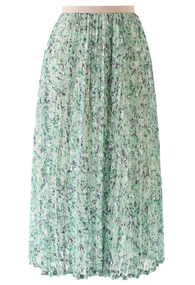 Green Garden Lace Pleated Midi Skirt