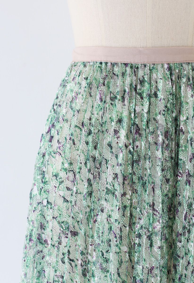 Green Garden Lace Pleated Midi Skirt