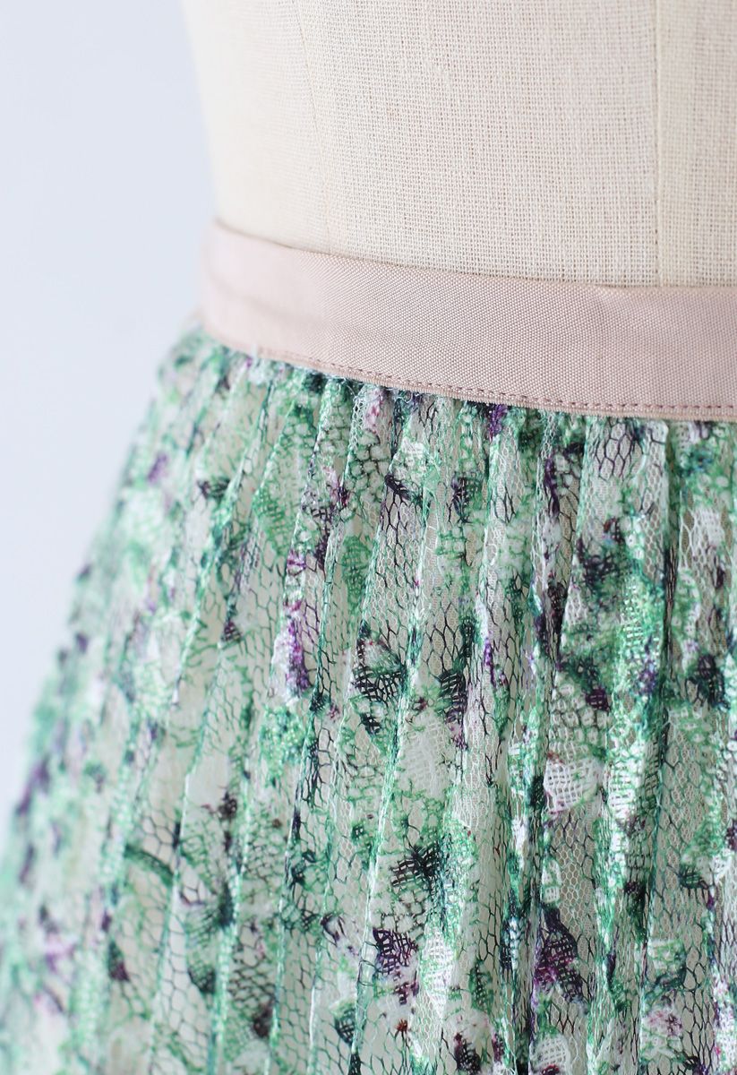 Green Garden Lace Pleated Midi Skirt