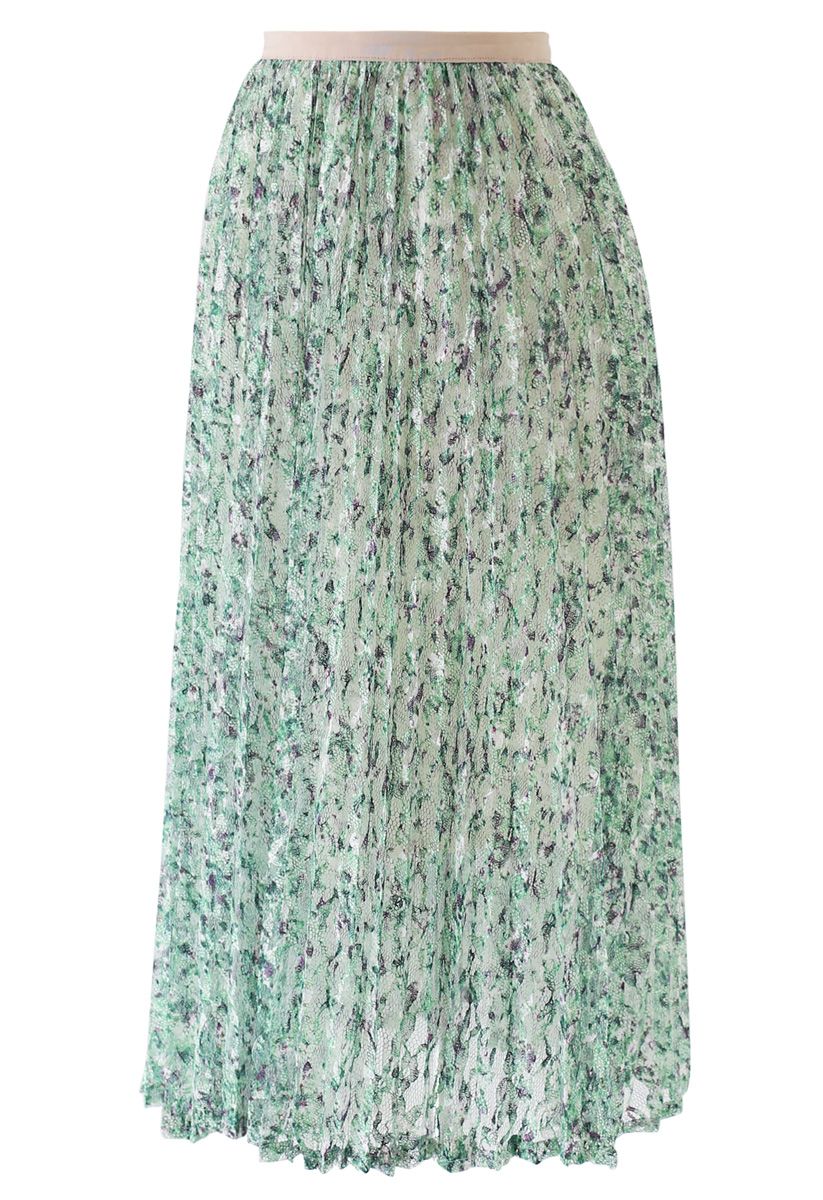 Green Garden Lace Pleated Midi Skirt