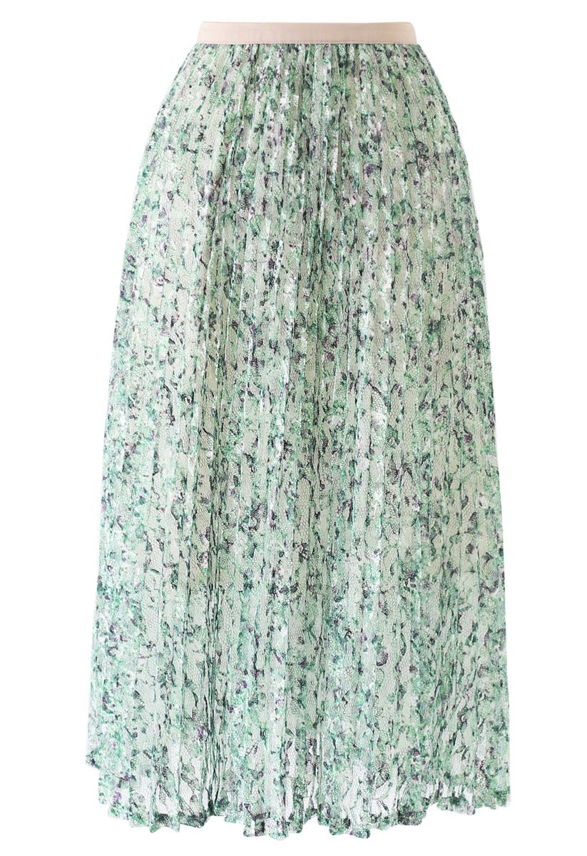 Green Garden Lace Pleated Midi Skirt