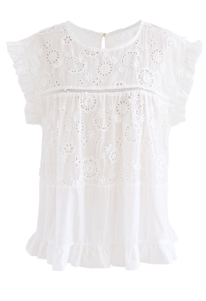 Embroidered Sunflower Eyelet Ruffle Top in White - Retro, Indie and ...