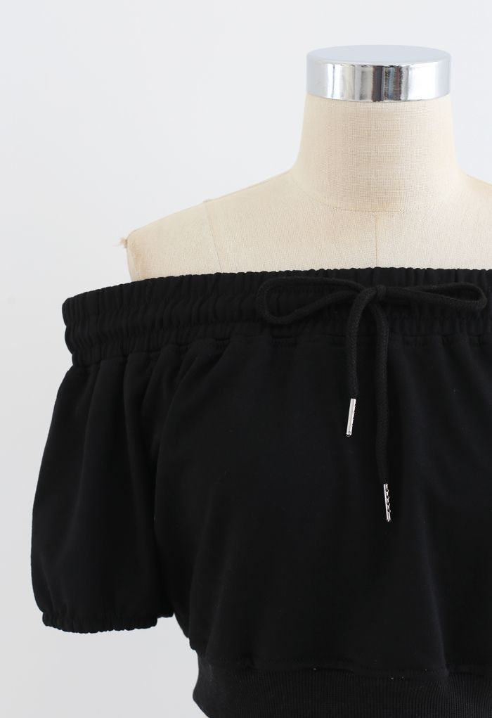 Drawstring Off-Shoulder Crop Top and Shorts Set in Black - Retro, Indie ...