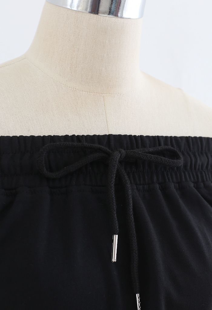 Drawstring Off-Shoulder Crop Top and Shorts Set in Black - Retro, Indie ...