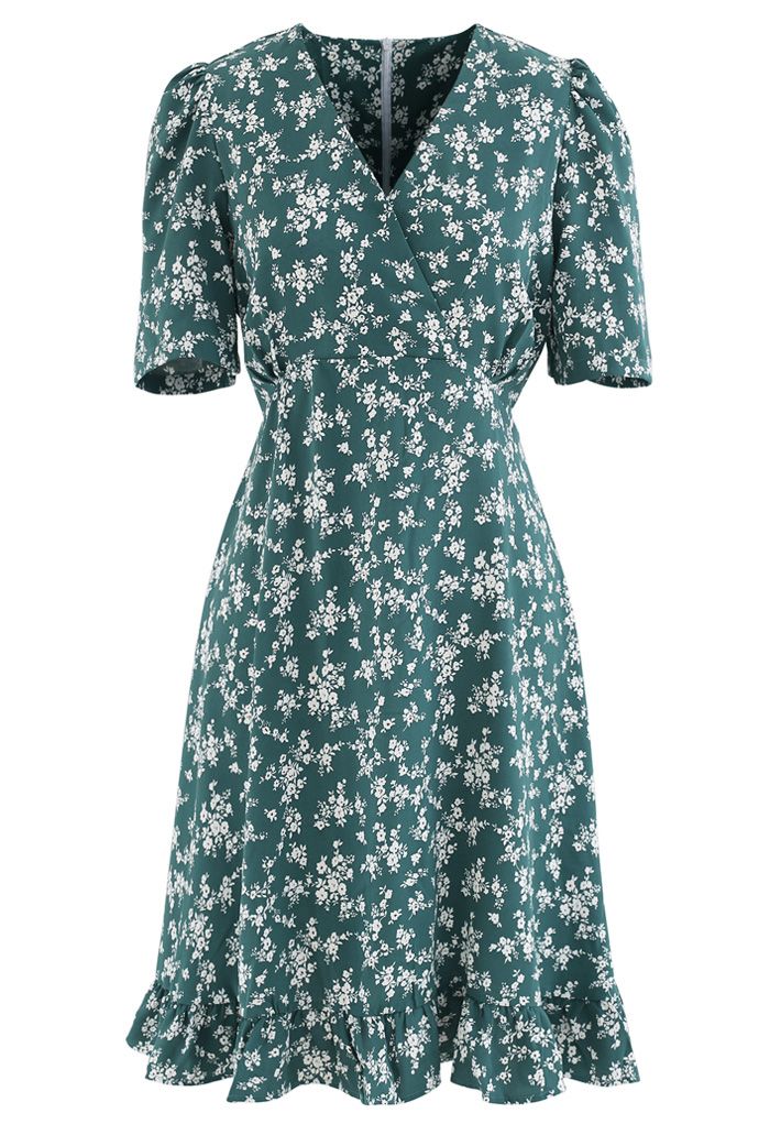 Blissful Floret Print Frill Hem Wrap Midi Dress in Green - Retro, Indie ...