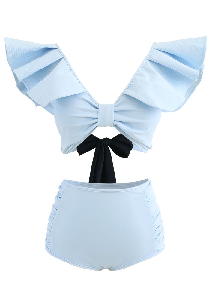 Chicwish Plunging V-Neck Bowknot Ruffle Trim Bikini Set Blue M