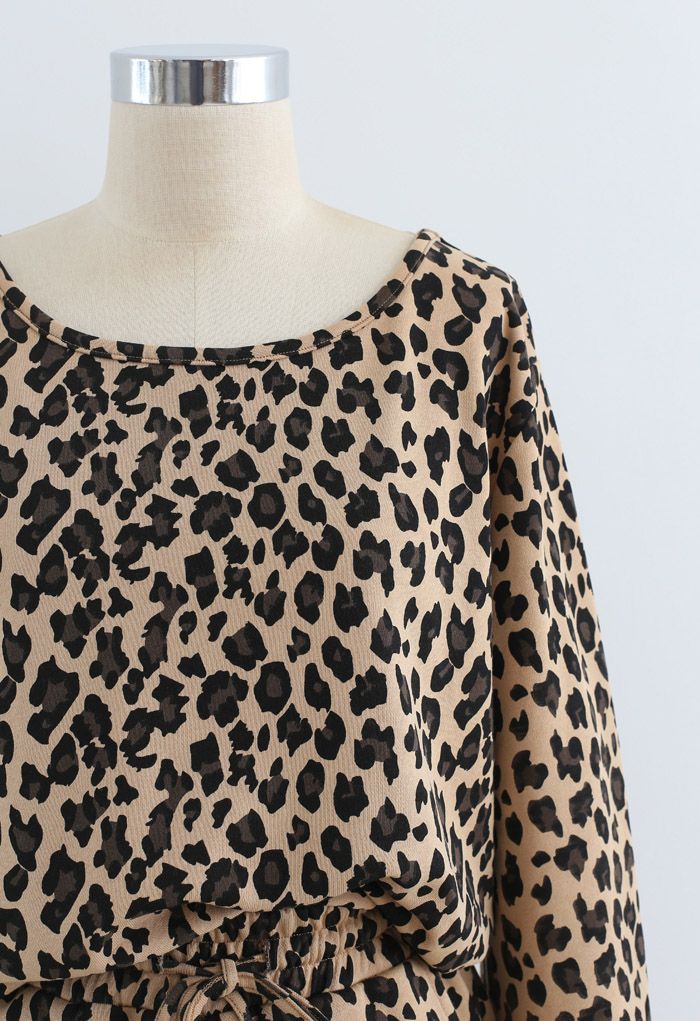 Leopard Print Long Sleeves Top and Drawstring Shorts Set - Retro, Indie ...