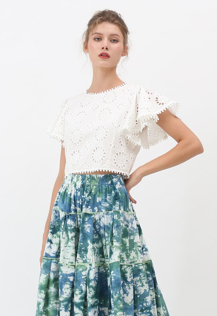 Floral Eyelet Embroidered Ruffle Sleeves Crop Top in White - Retro ...