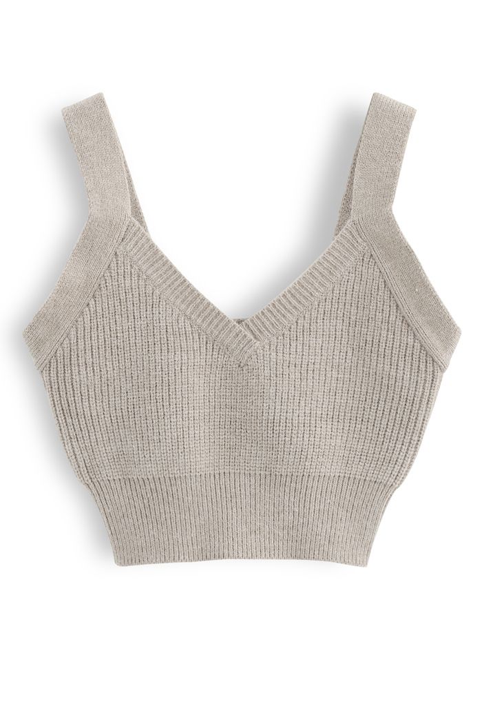 V-Neck Crop Knit Tank Top in Sand