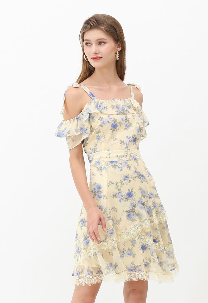 Cold-Shoulder Floral Ruffle Chiffon Midi Dress - Retro, Indie and ...