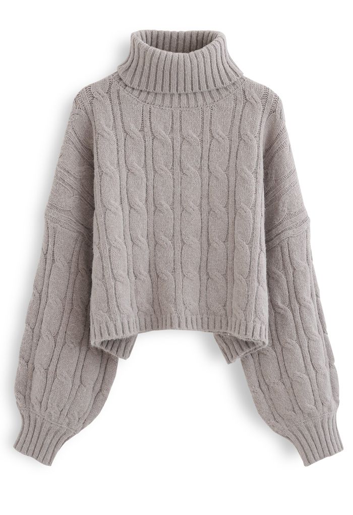 Turtleneck Braid Knit Crop Sweater in Taupe - Retro, Indie and Unique ...