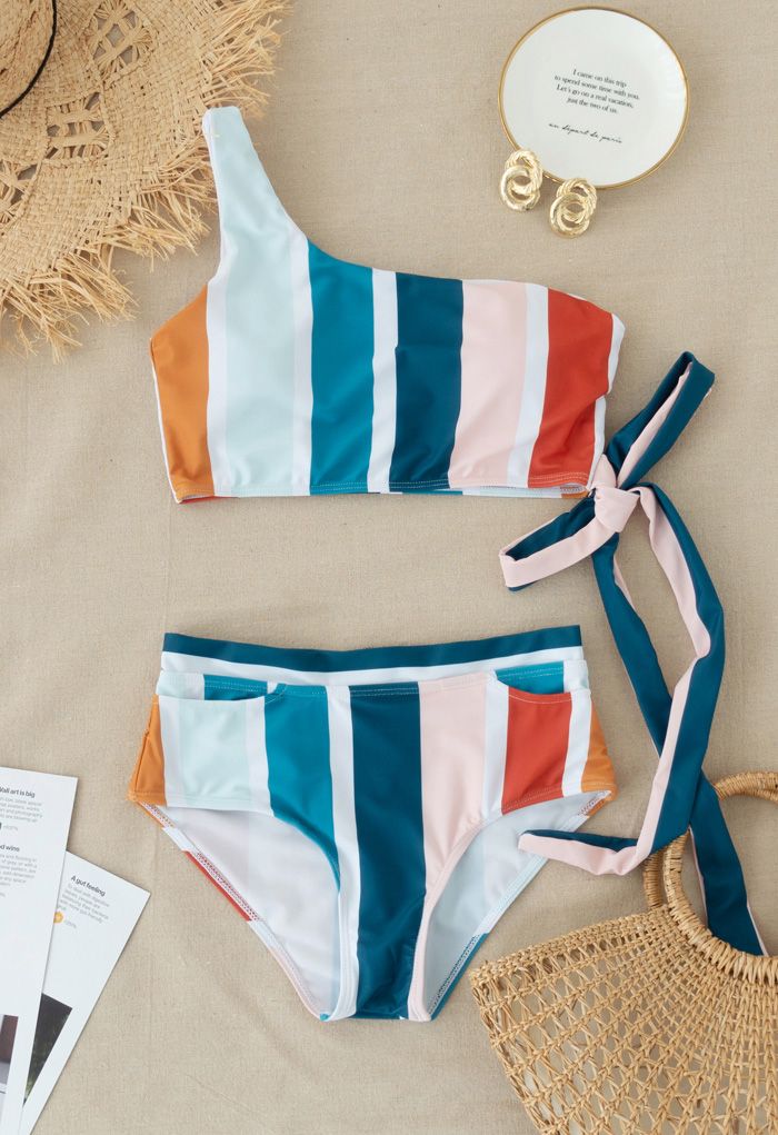 Color Block Stripe Bowknot One Shoulder Bikini Set Retro Indie And