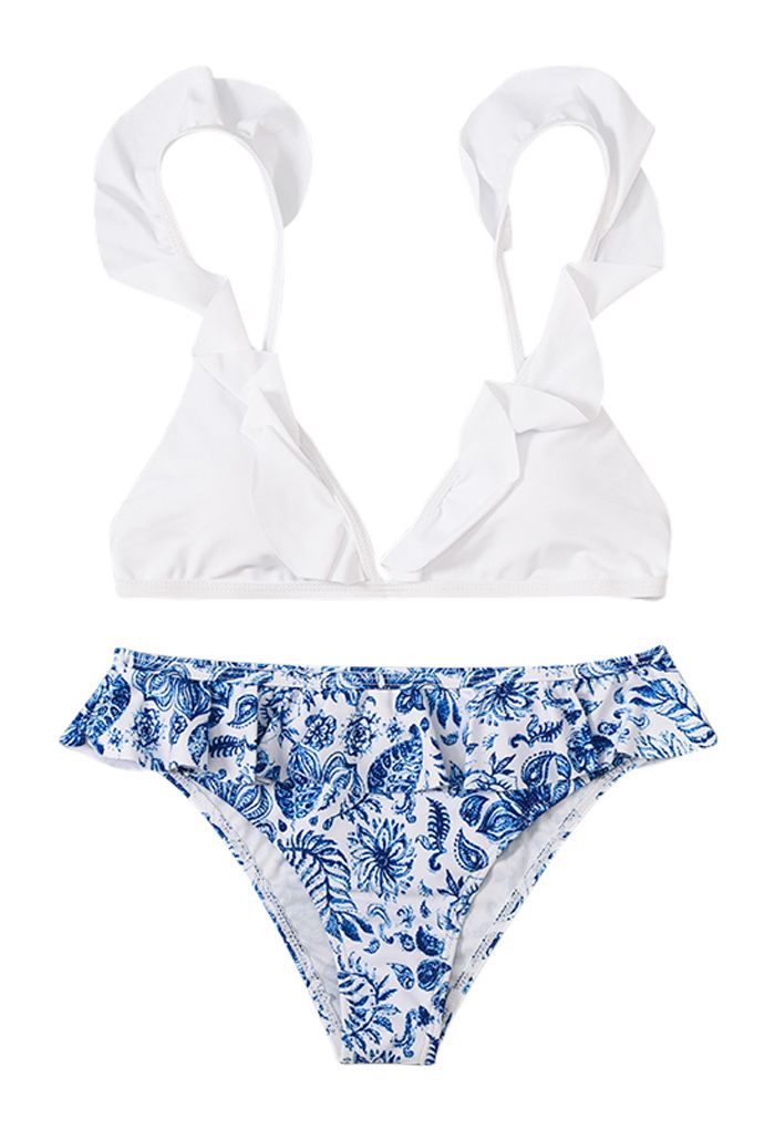 Blue Floral Print Ruffle Trim Bikini Set - Retro, Indie and Unique Fashion
