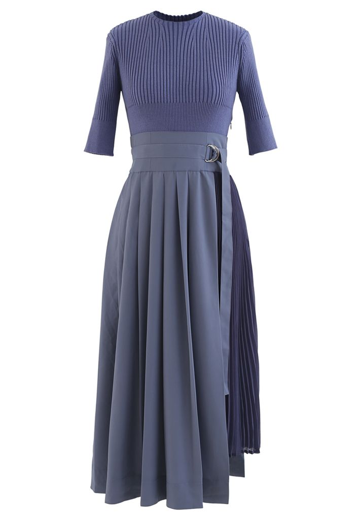 Knit Chiffon Spliced Belted Pleated Dress in Dusty Blue - Retro, Indie ...