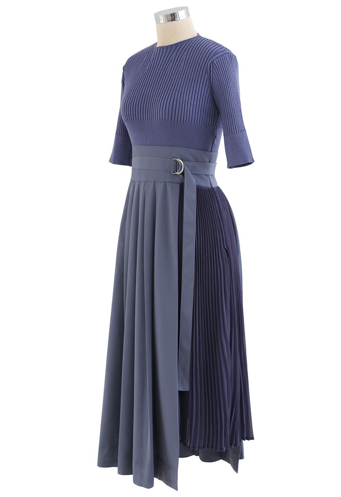 Knit Chiffon Spliced Belted Pleated Dress in Dusty Blue