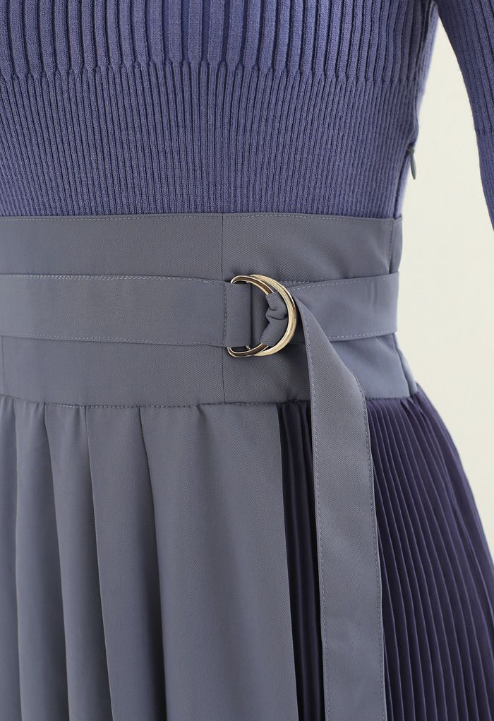 Knit Chiffon Spliced Belted Pleated Dress in Dusty Blue