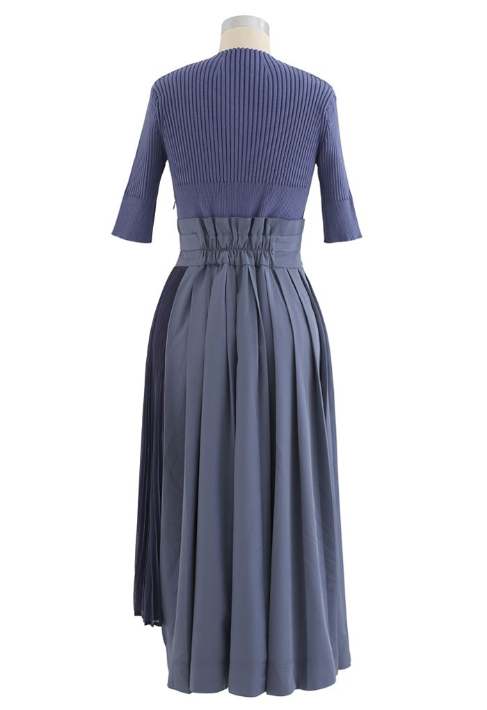 Knit Chiffon Spliced Belted Pleated Dress in Dusty Blue