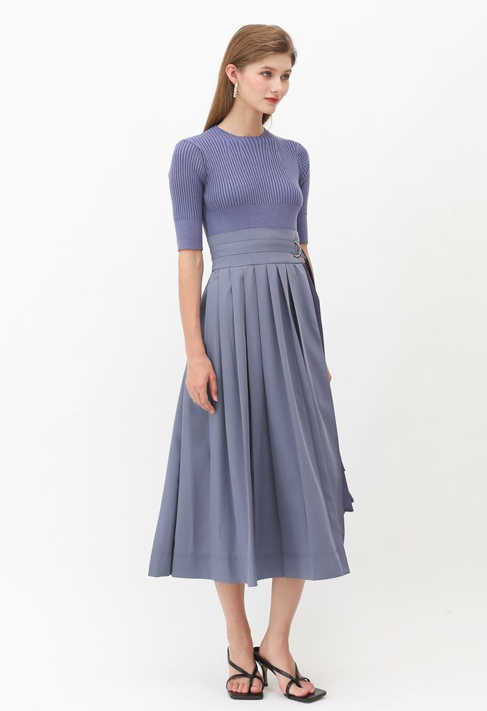 Knit Chiffon Spliced Belted Pleated Dress in Dusty Blue