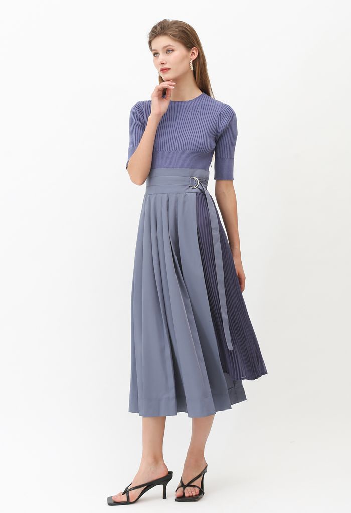 Knit Chiffon Spliced Belted Pleated Dress in Dusty Blue