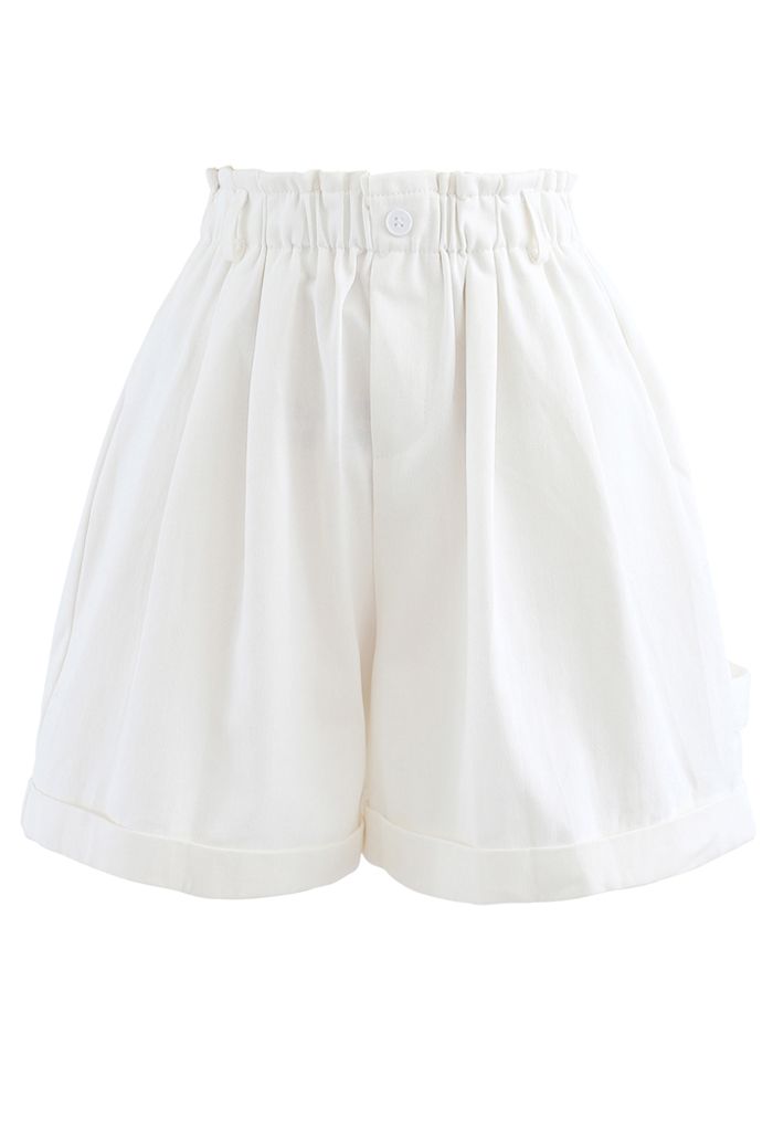 white denim paperbag shorts